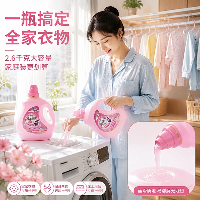 [主图-4] 家庭阳台洗衣场景图 真人使用展示 画中画版式
[氛围风格] 温馨家居生活感 阳光明媚 清新治愈 抖音场景化主图
[画质] 真实生活摄影质感 自然光 产品清晰 人物自然 超高清细节
[元素] 主画面是明亮的阳台洗衣场景 白色晾衣架上挂着彩色衣物 阳光透过纱帘洒进来 一位年轻妈妈穿浅蓝家居服 正从粉色柔顺剂瓶子里倒出液体到洗衣机 笑容温柔 洗衣机旁放着柔顺剂瓶 前景有樱花枝装饰 右下角画中画小框 特写柔顺剂倒出的丝滑液体 粉色透明质地 配文字标注 质地浓稠 用量省 背景浅粉白渐变 保持产品外观物理结构材质质感颜色与输入产品图绝对一致 杜绝任何变形和色差 精细化处理 商品主体占比约40%主画面 画中画产品占比70%
[光影] 自然窗边阳光 暖调柔光 从左上方射入 人物和产品受光均匀 阴影柔和 有阳光粒子感
[配色] 主色调白色 浅粉色 浅蓝色 辅助色木色 绿色植物点缀
[视角构图] 平视 场景化构图 人物和产品互动自然 右下角画中画补充细节 画面满屏无边框
[文字版式] 左上角大标题 一瓶搞定全家衣物 玫红色粗体大号字 副标题 2.6千克大容量 家庭装更划算 深粉色中号字 底部横排三个小标签 宝宝衣物可用 贴身内衣可用 床上用品可用 白色底粉色字圆角标签 画中画框内底部标注 丝滑质地 易溶解无残留 文字都放在负空间 不遮挡人物和产品主体
[输出要求] 1:1比例 文字清晰可辨 超高清生活摄影质感
[负向提示词] 变形 文字错乱 产品图模糊 背景杂乱 水印 电商平台Logo