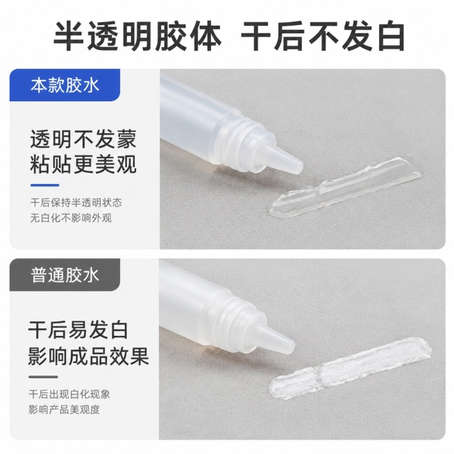 [第4屏] 胶体特性展示页，对比展示半透明胶体干后不发白特性。本屏使用【图2】展示胶体状态，对比普通胶水发白效果。
[氛围/风格] 直观对比展示，真实可信，简洁干净，符合批发平台展示需求。
[元素布局预览效果