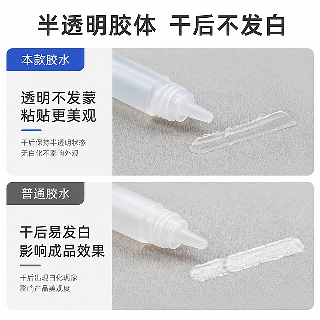 [第4屏] 胶体特性展示页，对比展示半透明胶体干后不发白特性。本屏使用【图2】展示胶体状态，对比普通胶水发白效果。
[氛围/风格] 直观对比展示，真实可信，简洁干净，符合批发平台展示需求。
[元素布局] 上下分屏对比，上半部分展示本产品半透明胶体效果，下半部分展示普通胶水干后发白效果，本产品胶体展示使用用户产品图，保留瓶身半透明外观，在胶体涂抹区域展示半透明特征，对比清晰。
[光影质感] 均匀打光，胶体质感表现清晰，对比差异明显，产品轮廓清楚。
[配色色系] 全局底色 #ffffff，对比区域浅灰底衬托，文字深灰，信息清晰。
[视角构图] 上下分栏对比，主标题在顶部，阅读动线从上到下，对比一目了然。
[文字版式] 顶部主标题「半透明胶体 干后不发白」，上下分栏分别标注「本款胶水」「普通胶水」，说明文字「透明不发蒙 粘贴更美观」「干后易发白 影响成品效果」，文字清晰不遮挡胶体展示。
[比例分辨率] 1:1 正方形比例，符合1688平台要求，4K分辨率，文字清晰可辨，高清画质。
[负向提示词] 胶体效果不清晰，产品变形，对比错乱，文字过小，水印，背景杂乱