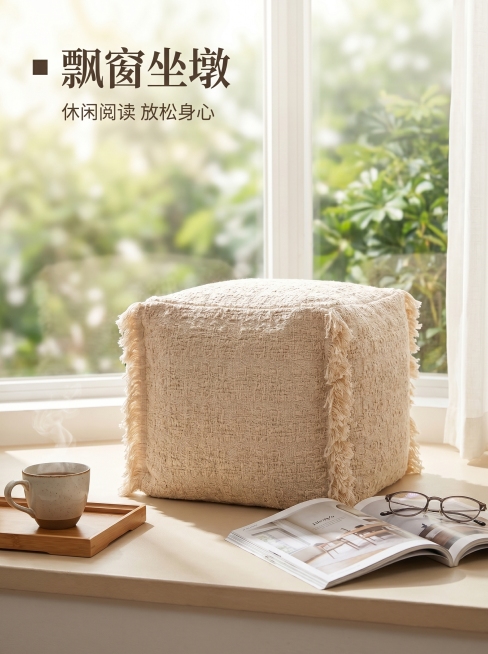 [详情页8] 多种使用场景展示-飘窗坐墩
[氛围风格] 飘窗休闲场景，治愈氛围感
[画质] 商业摄影质感、光线柔和通透、产品清晰真实、画面干净高级
[元素] 蒲团放置在落地窗飘窗处，旁边放一杯茶一本杂预览效果