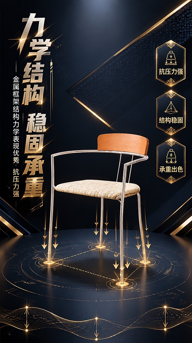 [第5张] 结构力学页-金属框架结构力学表现优秀，抗压力强。本张使用【图1】作为商品主体。
[氛围/风格] 科技感奢华风，结构力学展示，力量感与精致感并存，无人物。
[元素布局] 餐椅置于画面中央，占比约50%，椅子下方/周围有力学线条、受力箭头、结构支撑示意图案等视觉元素，体现金属框架的力学结构优势；背景为深色奢华质感，搭配几何结构线、金色装饰条、光影渐变等至少3种元素；椅子结构比例与输入产品图完全一致，不改变产品比例尺寸。
[光影质感] 上下打光突出椅子轮廓，金属框架有明显高光，底部投影稳重，体现稳固承重感，光影有力量感。
[配色色系] 全局底色 #16213E（深蓝黑）；主色金色、银色；辅助色深蓝、白色线条。
[视角构图] 正面微仰视，突出椅子稳固感，阅读动线左侧标题 → 中间产品 → 右侧数据标签。
[文字版式] 版式为左侧竖排标题 + 中央产品 + 右侧信息标签。主标题「力学结构 稳固承重」使用艺术字体，带力量感装饰；副标题「金属框架结构力学表现优秀 抗压力强」；右侧上下排列三个艺术字标签「抗压力强」「结构稳固」「承重出色」，标签有金色边框装饰；底部装饰性力学结构线条，文字不遮挡椅身主体。
[比例分辨率] 9:16 竖版比例，4K分辨率，文字清晰可辨，高清画质。
[负向提示词] 椅子变形，比例失调，缺件错件，颜色偏差，人物出现，水印，文字错乱，文字过小，产品图模糊，内部结构展示，坐压变形。