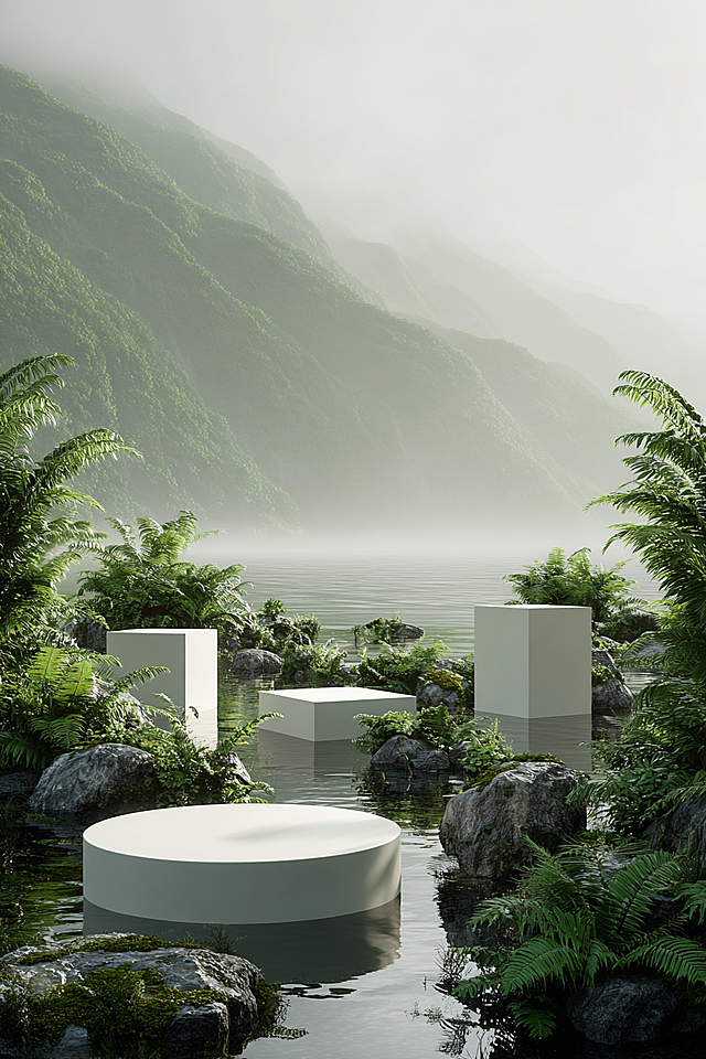 E-commerce product display poster, serene natural landscape, keep exactly three white geometric podiums, change the middle square podium to a round cylindrical podium, add more lush green plants and ferns around, some podiums submerged in calm lake water, moss-covered rocks and stepping stones around, podiums arranged in irregular scattered positions, focus on natural scenery, misty forest mountains in the background, soft green diffused lighting, ethereal and tranquil atmosphere, 3D render, cinematic composition, hyper-detailed, photorealistic, product showcase style --style raw