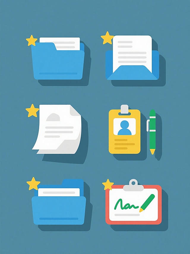 扁平化设计风格的系列签到素材集合，纯色背景，六个规整排布的不同造型的签到元素内容，每个元素均保持原有的蓝色文件夹、白色纸张、黄色证件和绿色签名笔迹等核心签到元素，采用简洁的线条、鲜明的色彩对比和轻微的阴影效果，融入黄色星形装饰图案，整体风格统一且视觉层级清晰，信息传达高效，符合现代简约的设计感。