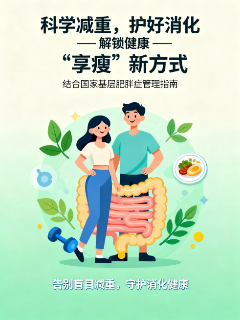 清新科普扁平化插画风格，暖浅绿+浅蓝+米白主色调，卡通人物软萌无棱角，图标简洁直观，文字轻量化。竖版画面，浅绿背景。顶部居中加粗艺术字标题"科学减重，护好消化 —— 解锁健康 “享瘦” 新方式"，副标预览效果