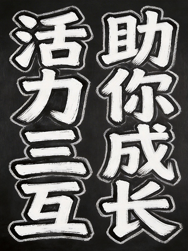 修改为黑色背景白色字体，保留设计：八个字"活力三互助你成长"，竖版双列排列，左列活力三互，右列助你成长，增大字间距和列间距，白色字体，黑色描边，纯色无渐变，纯黑色背景，黑板粉笔手绘风格，保留粗壮笔触，没有印章装饰。