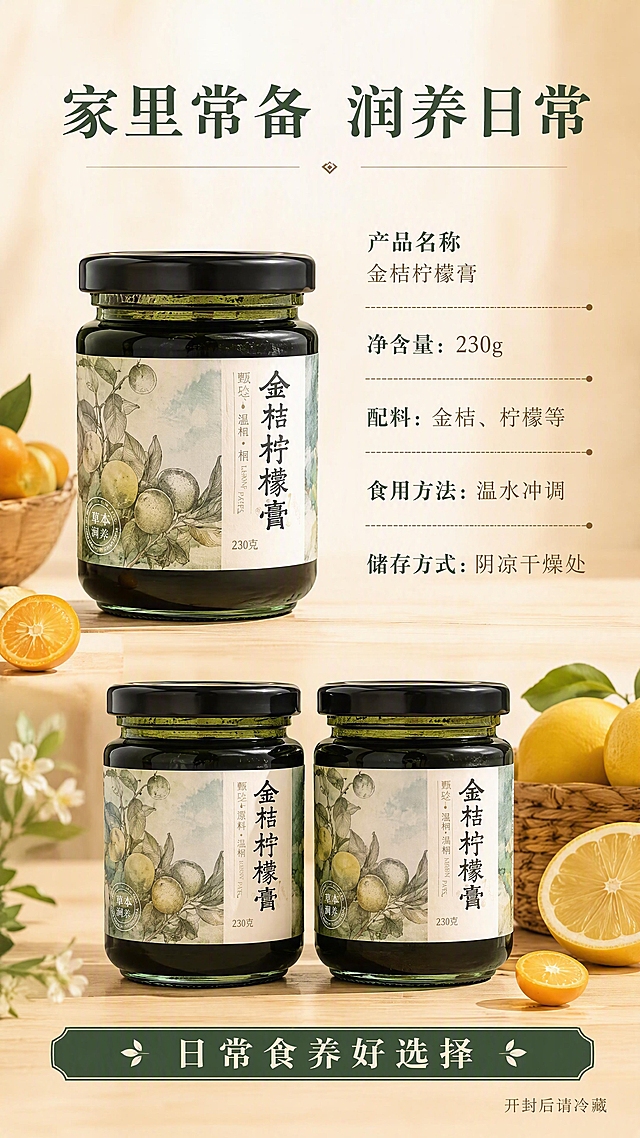 [第8张] 规格信息+收尾囤货页。本张使用【图1】作为产品展示。
[氛围/风格] 温润收尾风，信息清晰+囤货氛围，自然治愈。
[元素布局] 画面左侧为产品罐身（使用【图1】外观），占比约40%，直立展示；右侧为规格参数区，配简约分隔线；底部两罐并排陈列，营造囤货常备感；背景为浅暖米色渐变，底部浅木色台面，点缀金桔柠檬鲜果装饰。
[光影质感] 正面柔光照明，产品清晰，阴影自然，整体温暖明亮，给人安心常备的感觉。
[配色色系] 全局底色 #FFF8EE 暖米黄；主色墨绿+暖棕；辅助色米白、金黄。
[视角构图] 左右分栏构图，左产品右信息，底部囤货陈列，阅读动线顶部标题→右栏参数→底部囤货氛围。
[文字版式] 顶部主标题「家里常备 润养日常」宋体大字；右侧规格区：「产品名称」「净含量：230g」「配料：金桔、柠檬等」「食用方法：温水冲调」「储存方式：阴凉干燥处」，每行清晰排列，配简约横线分隔；底部横条文案「日常食养好选择」；右下角小字「开封后请冷藏」温馨提示；字体宋体风格，字色深棕+墨绿。
[比例分辨率] 9:16 竖版比例，4K分辨率，文字清晰可辨，高清画质。
[负向提示词] 产品变形，参数错误，文字错乱，水印，文字过小，价格信息，促销话术，颜色偏差。
