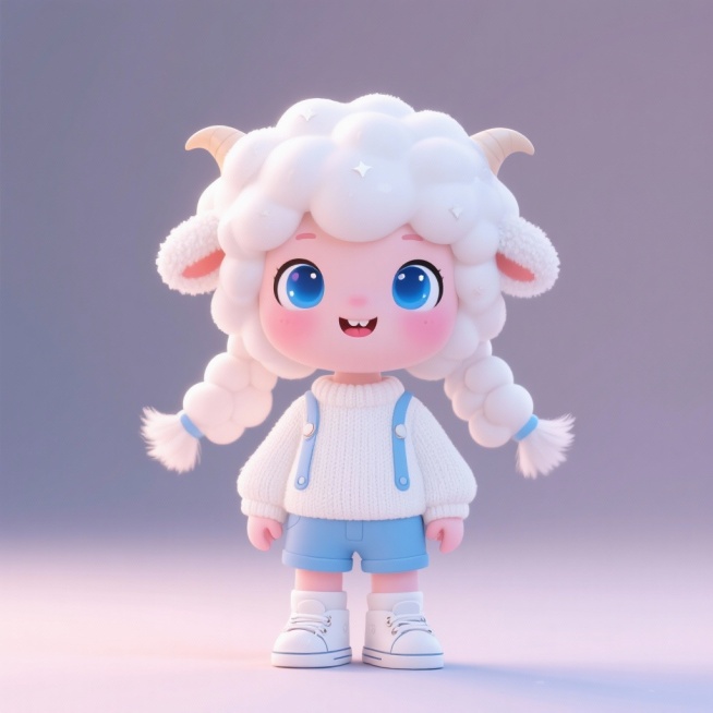 羊拟人白色头发双低绑头发的IP形象全身，蓝色眼睛，卡通可爱预览效果