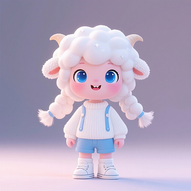 羊拟人白色头发双低绑头发的IP形象全身，蓝色眼睛，卡通可爱