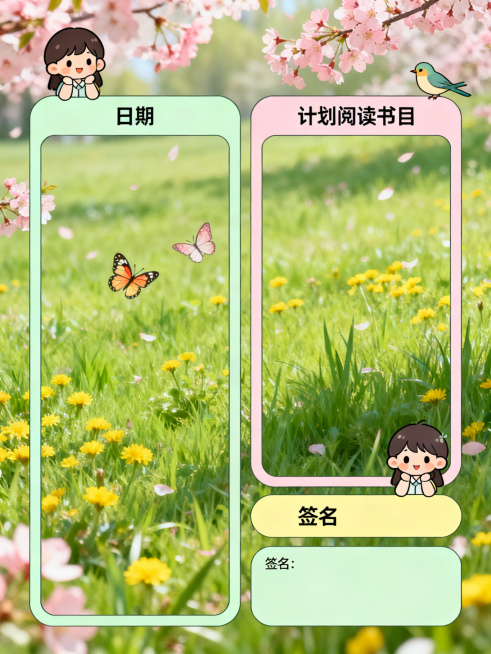 设计一张阅读计划表，背景是春天的草地和花鸟漫画风格，画面预留出日期栏、计划阅读书目栏和签名栏的位置，整体清新自然，带有春天氛围感，排版清晰预览效果