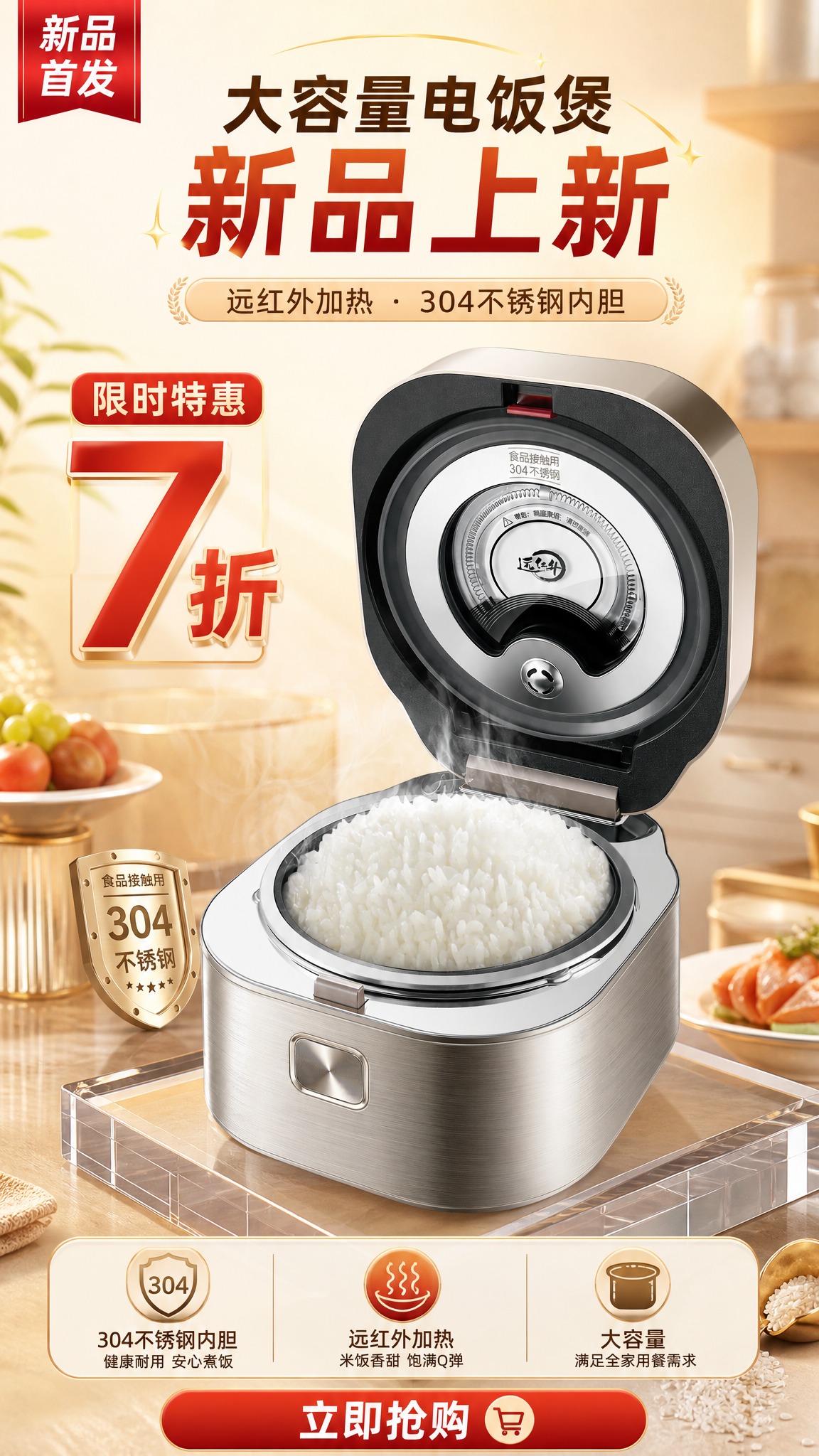 电商商品营销海报，9:16竖版，电饭煲新品上新主题。画面中下部… - 图片创意预览