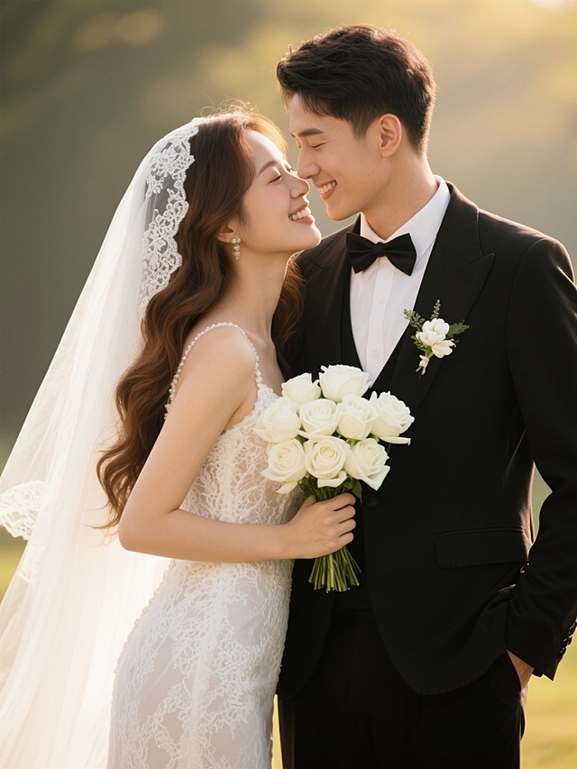 一对新婚夫妇的亲密特写，新娘身着白色蕾丝鱼尾婚纱，头戴带蕾丝花边的白色头纱，手持白色玫瑰花束，棕色长卷发自然垂落；新郎穿着黑色西装，内搭白色衬衫，系黑色领结，胸前佩戴白色胸花，两人面带微笑，额头相抵，眼神充满爱意和幸福。采用柔和的自然光摄影风格，温暖的金色光线从侧上方照射，形成细腻的阴影和柔和的高光，背景虚化处理，突出主体人物的情感互动和清晰的细节质感，整体画面呈现出浪漫、温馨、高雅的氛围。
