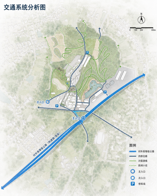为乡村规划总平面图制作交通系统分析图，在保留原有场地布局基础上，区分对外高等级公路、内部主路、次级游线、田间小径四个层级，用不同颜色线条标注道路等级，标注出入口和停车场位置，采用清晰的规划分析图风格，预览效果