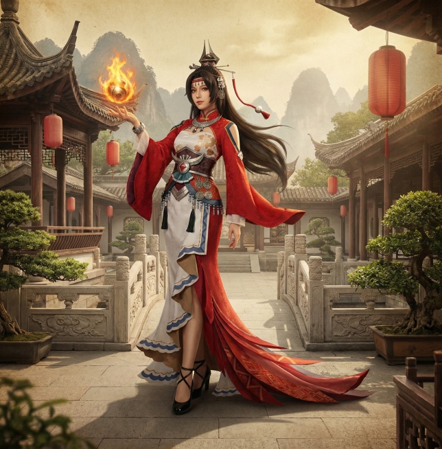 「图片1」「图片1」「图片1」「图片1」「图片1」把这张图变成真人摄像风格的，加上古代背景预览效果