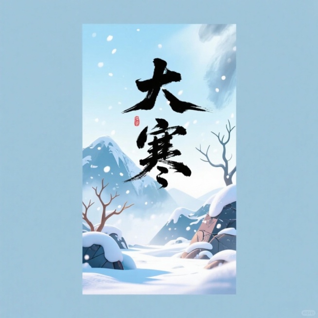 一张采用冷色调、具有中国风水墨风格的垂直海报，背景是冬日景象，包括覆盖白雪的远山、枯树枝和细微的飘雪效果，营造出静谧寒冷的氛围。海报布局从上到下依次为天空、雪景和文字区域，所有元素居中对齐。  

在预览效果