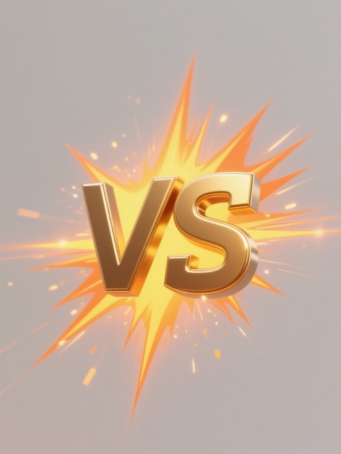 一张简约现代风格的设计素材，纯色背景，中央是单一的“VS”元素图案，规整排布。“VS”字母采用金色金属质感，具有强烈的光泽感和立体感，边缘锐利清晰。字母后方有橙色的光芒效果，光芒呈放射状，带有明亮的黄色高光和橙色渐变，光效中点缀着细小的光点和光线笔触，整体营造出一种能量爆发、对抗竞技的氛围。无任何文字、logo和水印。预览效果