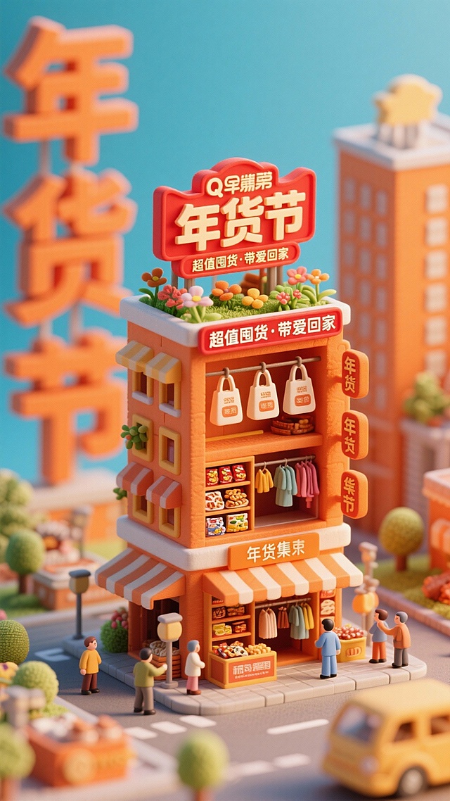 软3D风格微缩艺术场景，卡通感十足的年货节小店，暖色系搭配粘土质感，营造喜庆温馨氛围，人物互动充满趣味感，传递节日温情。