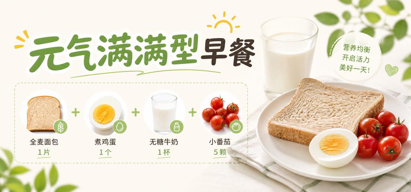 制作健康早餐科普公众号横版图片，标题为元气满满型早餐，正文内容：全麦面包1片 + 煮鸡蛋1个 + 无糖牛奶1杯 + 小番茄5颗，风格清新简约，健康早餐风，文字清晰排版整齐，浅色背景预览效果