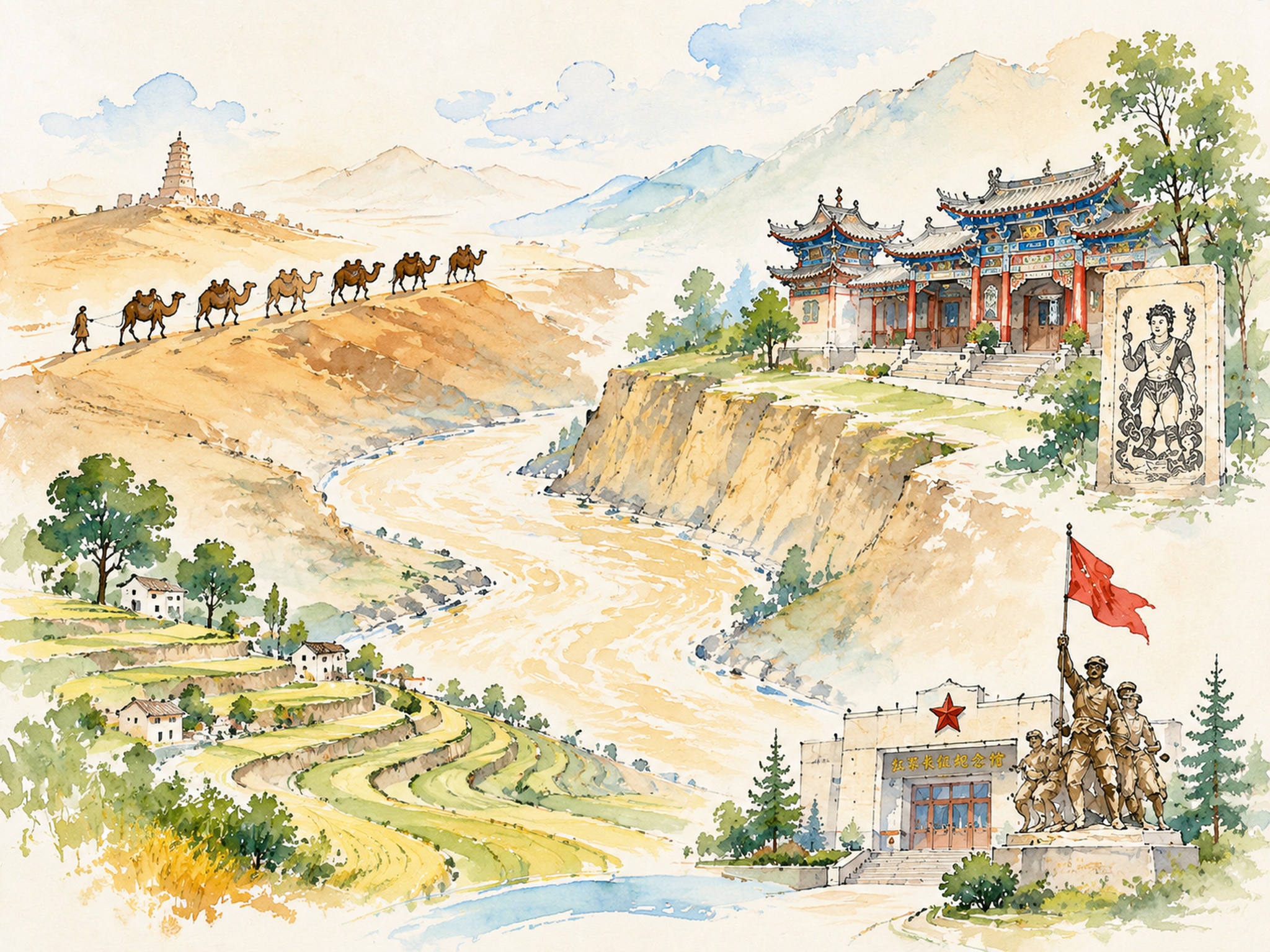 简化画面，水彩笔手绘风格，线条简洁明快，色彩清新淡雅，保留甘肃… - 图片创意预览