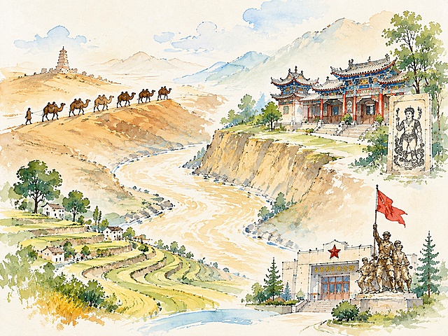 简化画面，水彩笔手绘风格，线条简洁明快，色彩清新淡雅，保留甘肃地域文化核心元素：丝路驼队、黄河、伏羲古建筑、农耕梯田、红色纪念雕塑，减少细节复杂度，构图简洁明了，适合水彩笔手绘表现，笔触轻松自然