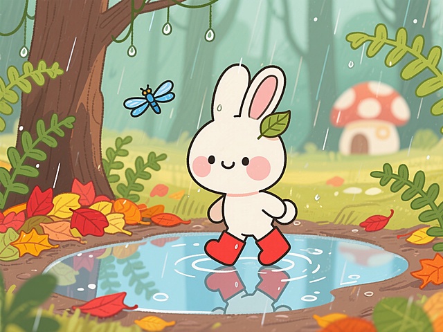 插画风的可爱兔子，头戴绿叶，穿红靴在雨中跳跃，清新卡通，充满童趣。
