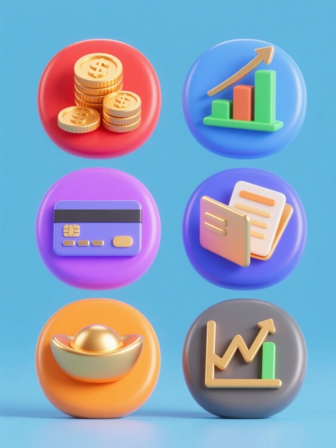 一系列6个不同金融元素的3D立体图标，保持统一的高光泽金属质感，每个图标具有独特的纯色背景（分别为红色、蓝色、绿色、紫色、橙色、灰色），元素包括：堆叠的金币、上升的柱状图、打开的存折、信用卡、金元宝、股票K线图，所有图标采用相同的圆润3D风格，规整排列成2行3列，每个图标底部有轻微阴影增强立体感，整体色彩明快饱和，金融元素特征清晰突出，保持与原金币图标一致的细腻金属反光和光滑表面处理。预览效果