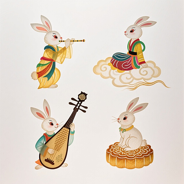 4个明亮的彩色拟人化玉兔素材（2X2规整排布），带有不同动作：1、吹笛子，2、坐在祥云上，3、弹琵琶，4、坐在月饼上。纯白色背景
