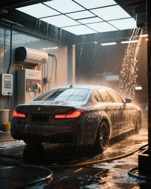 生成自助洗车的图片，车辆为宝马5系,画面要炫酷，高级。生成20张图片，整体局部都需要，背景劲量少，突出汽车泡沫，冲水等画面预览效果