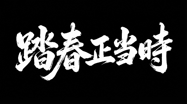 参考图风格为苍劲有力的毛笔书法字体设计，文字内容是“踏春正当时”，黑底白字，纯背景，保留毛笔笔触飞白效果，大气潇洒的国风书法字体