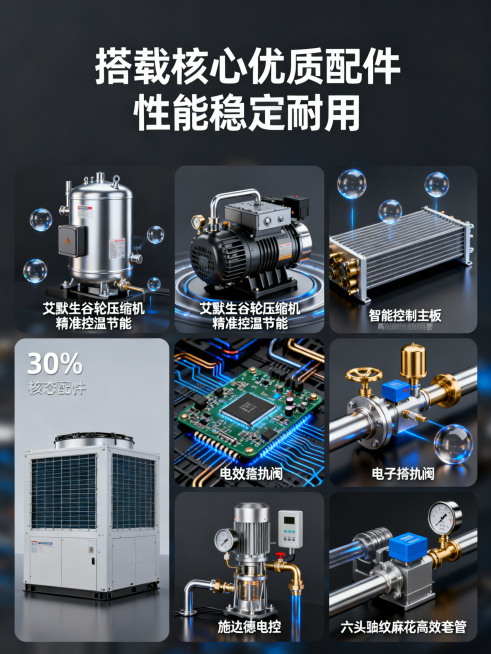 [垫图]https://13.png
[主图主题]蒸发冷空调核心配件解析
[氛围/风格]工业科技风，硬核专业
[画面元素]画面采用拼图布局，左侧30%区域为蒸发冷空调整体图，右侧70%为核心配件高清特预览效果