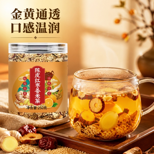 [主图-3] 陈皮红枣姜米茶细节冲泡展示图，暖调养生风格。保持原产品罐外观与输入图片一致，产品罐放在画面左上，右下侧展示玻璃杯中泡好的姜米茶，汤色金黄透亮，原料在杯中舒展，杯壁凝聚轻微热气，真实自然，预览效果
