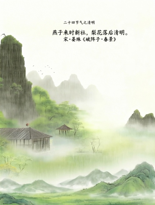 把所有中文文字全部移动到图片的上半部分排列，保持所有文字内容、字体不变，保留原有的国风山水房屋插画，保持整体风格和意境不变，图片下方保留更多山水草地空间预览效果