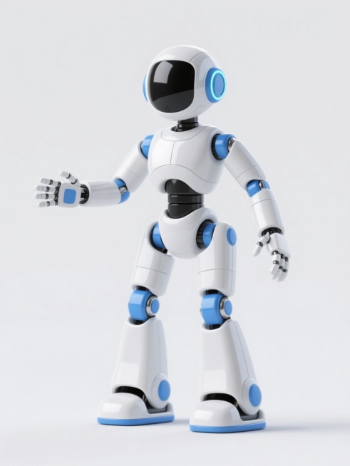一个3D风格的机器人，主体为白色，关节和细节处有蓝色点缀，拥有光滑圆润的头部，黑色的面罩式面部，身体呈流线型设计，手臂自然伸出，手掌张开，腿部带有厚重的底座，整体造型简洁现代，具有科技感和亲和力，表面有明显的高光效果，呈现出塑料材质的光滑质感，孤立于白色背景中。预览效果