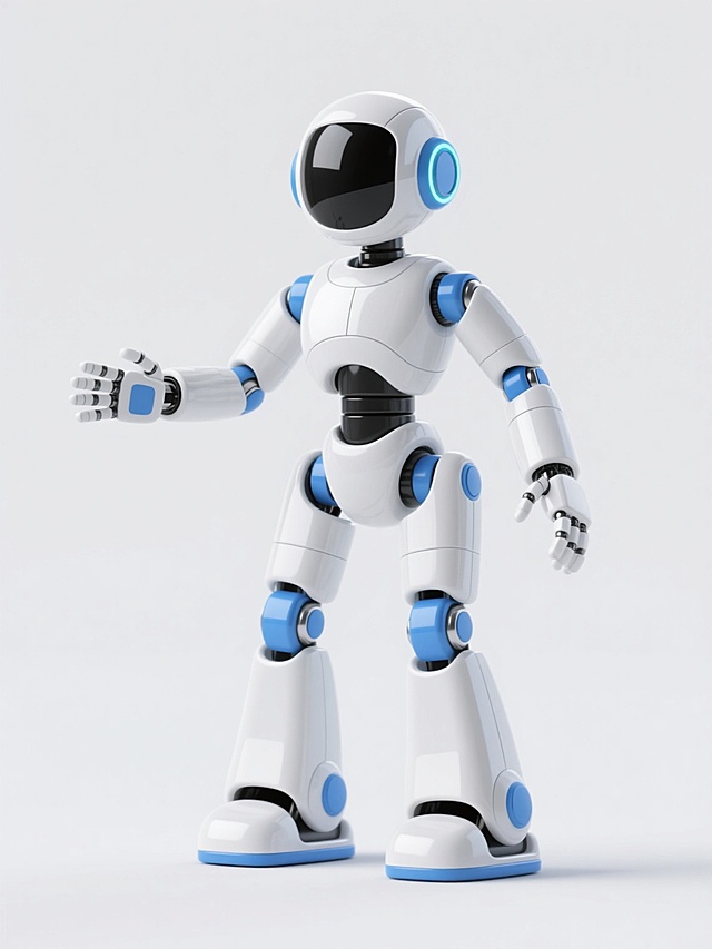 一个3D风格的机器人，主体为白色，关节和细节处有蓝色点缀，拥有光滑圆润的头部，黑色的面罩式面部，身体呈流线型设计，手臂自然伸出，手掌张开，腿部带有厚重的底座，整体造型简洁现代，具有科技感和亲和力，表面有明显的高光效果，呈现出塑料材质的光滑质感，孤立于白色背景中。