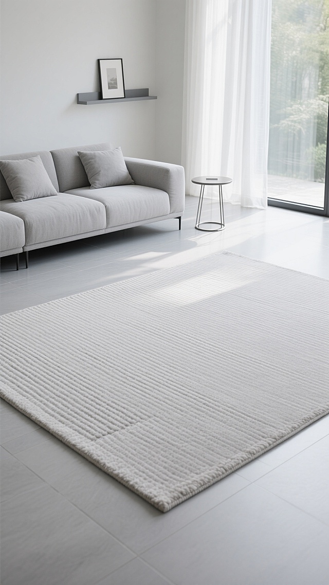 现代极简风格的客厅场景，以浅灰色调为主的现代家具布置，画面聚焦于铺在浅灰色瓷砖地面上的浅灰色条纹地毯特写，地毯表面有细腻的竖条纹纹理和柔软的编织质感，占据画面下方大部分区域；背景中可见浅灰色布艺沙发，搭配几个同色系的靠垫，沙发旁有一个圆形金属边框的小茶几，靠墙处有一个简约的灰色搁板，上面放置一个小型装饰画框；右侧是大面积的落地窗，透过轻薄的白色纱帘洒入明亮柔和的自然光，光线在地毯和地面上形成自然的光影过渡，窗外可见模糊的绿色植物，整体营造出宁静、整洁、高级的现代家居氛围，空间感开阔，线条简洁，色彩统一和谐，具有清晰的视觉层次和舒适的居住感。