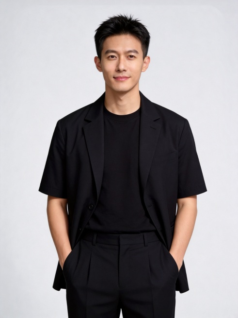 时尚发型师黑西装男性职业形象照预览效果