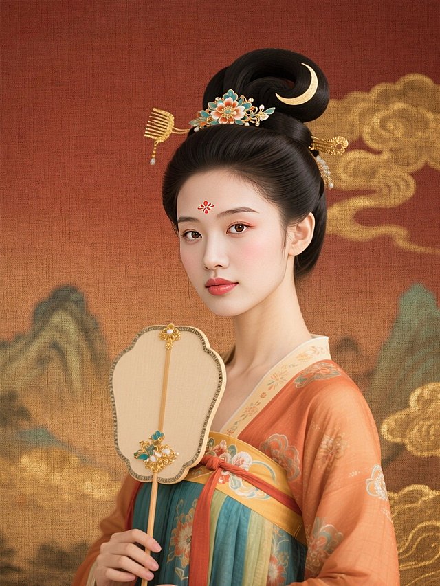 人物梳着唐代发髻，额间画花钿，画弯弯的月棱眉、搭配唐朝小唇妆，眼侧腮红，加上插梳金饰，身穿色彩鲜艳的唐朝女仕服装，手上拿着扇子，古风影视海报质感，暖棕红渐变背景，鎏金山水云纹，整体是浓郁的盛唐气息