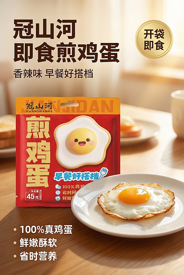 [垫图] https://gdesign-dam-hz.dancf.com/35942465428774027/0d6f43e6ec0a48b1ae53ab740032da19.jpg
[主图主题] 冠山河香辣味即食煎鸡蛋主图
[氛围/风格] 暖调早餐场景，浓郁食欲感，自然柔光氛围感
[画面元素] 原商品包装袋居中展示，旁边摆放一个完整诱人的煎鸡蛋实物，蛋黄微微流心半凝固，蛋白边缘微焦香脆，放在干净的白色陶瓷餐盘上，背景是温馨的浅木色餐桌，清晨暖光斜射，在鸡蛋上形成透亮柔和逆光，突出煎蛋油润光泽。背景铺满全屏无边框，产品主体占比约60%。
[配色色系] 主色调：暖红色（产品包装）；辅助色：暖黄色（煎鸡蛋）、浅木色（餐桌）、暖白色（餐盘）
[视角构图] 平视拍摄，景深适中，产品清晰突出
[文字版式] 左上角大字体主标题 "冠山河 即食煎鸡蛋"，副标题 "香辣味 早餐好搭档"，右上角金色圆形标签 "开袋即食"；左下角三行卖点 "100%真鸡蛋 | 鲜嫩酥软 | 省时营养"，字体为加粗无衬线体，深棕色。主标题和标签悬浮在画面左上留白处，卖点文字左对齐排列在左下区域，不遮挡产品主体，整体构图平衡舒适。
[分辨率] 2k