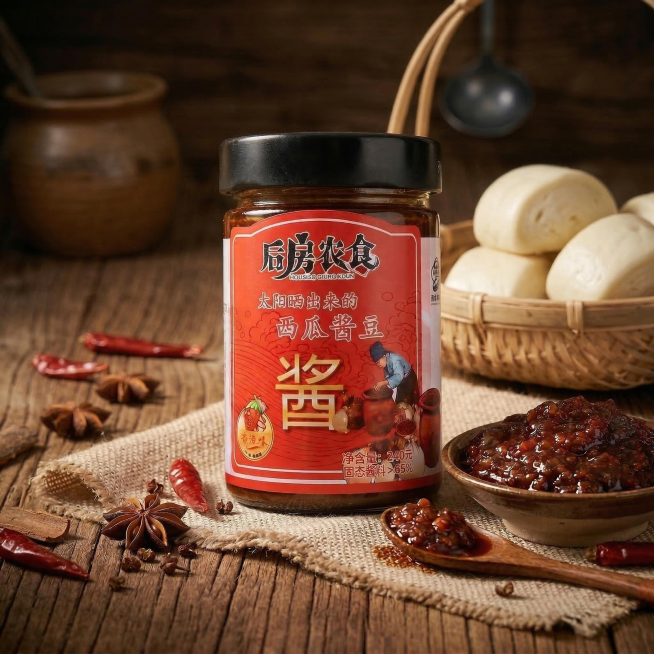 保留所有场景元素、产品细节和酱体质感，优化产品瓶身的光影、阴影和材质质感，让产品和周围的实木桌面、麻布、香料、馒头篮等场景元素的光影风格完全统一，融合更自然，暖调侧光的光影效果在瓶身上更协调，整体真实预览效果