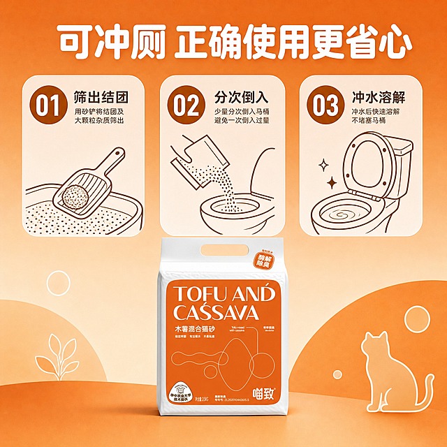 [主图-14] 喵致木薯混合猫砂 使用步骤 正确冲厕方法。
[统一基调] 淘宝天猫专业品质风 清洁感宠物亲和 米白奶咖暖橙主色 圆润无衬线标题字体 圆角卡片 线性图标 大字主文案 辅助文案缩小50%以上。
[画面] 画面横向排列三个圆角步骤卡片 从左到右依次展示 第一步 用砂铲筛出结团 第二步 少量分次倒入马桶 第三步 冲水溶解 每个卡片配简约插画和对应编号 画面底部放一袋喵致木薯混合猫砂 背景为暖橙色渐变 顶部大标题。
[光影质感] 扁平化插画结合实物摄影 均匀光线 步骤清晰 整体温暖易读。
[配色] 主背景暖橙色渐变 标题白色 步骤编号深棕色 卡片白色半透明。
[文字版式] 顶部大标题"可冲厕 正确使用更省心" 白色粗体 三个步骤分别标注"筛出结团""分次倒入""冲水溶解" 深棕色中号字 编号为大号白色数字。
[输出要求] 比例1:1 文字清晰可读 产品清晰不变形 无错字 无水印 无平台Logo 禁止悬浮 禁止穿模。