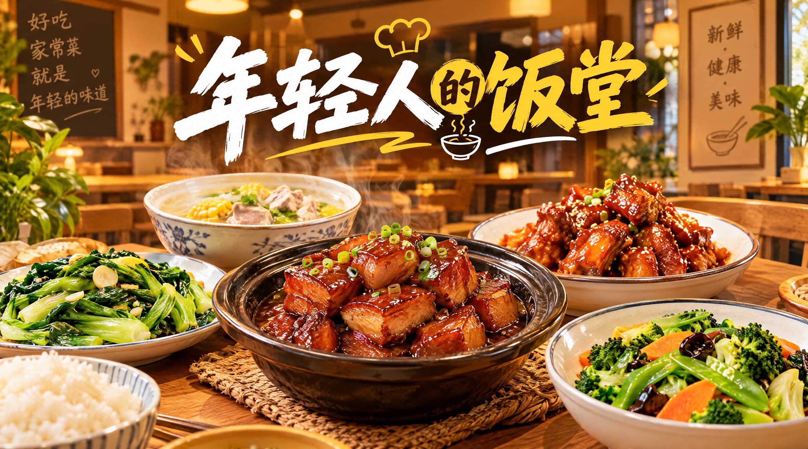 餐饮店招设计，店名"年轻人的饭堂"，横版构图，画面展示多道诱人… - 图片创意预览