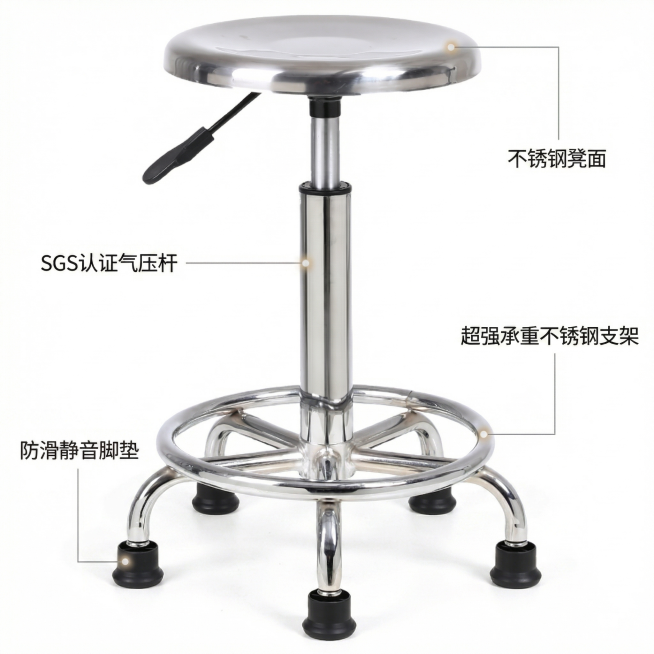 [主图 2] 不锈钢升降圆凳核心功能亮点展示
[氛围风格] 现代简约专业风，清晰直观
[画面元素] 商业摄影质感、光线柔和通透、产品清晰真实、画面干净高级。保留产品原外观，以圆凳为中心，用极细引线连接预览效果