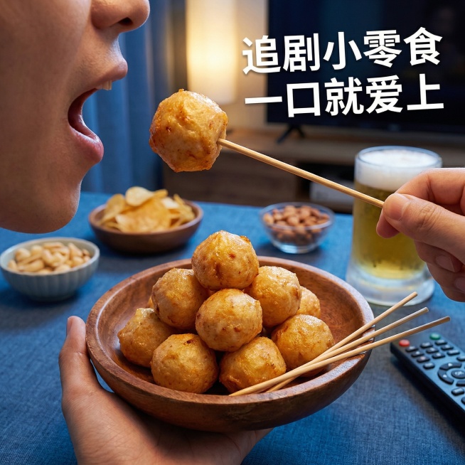 珍享澎湖墨鱼爆蛋电商主图第四张，清爽蓝色系风格统一，食用场景展示。第一人称抓拍视角，木碗里的墨鱼爆蛋旁放着签子，一只手正拿起一颗送入口中，背景是居家温馨餐桌，搭配啤酒、小食等，营造休闲追剧食用场景。暖预览效果