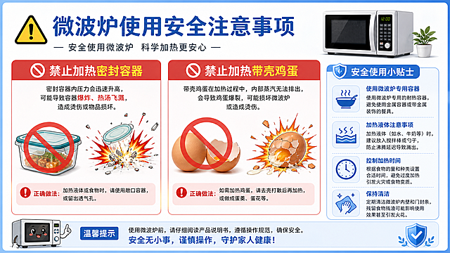 微波炉使用安全注意事项科普图片设计，清晰展示禁止加热密封容器和带壳鸡蛋的警示提示，图文排版整齐，科普风格