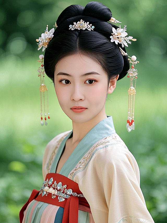 古典工笔风仕女，刺绣华服配珠翠发饰，水墨意境中透出优雅文艺之美，尽显中式复古韵味。