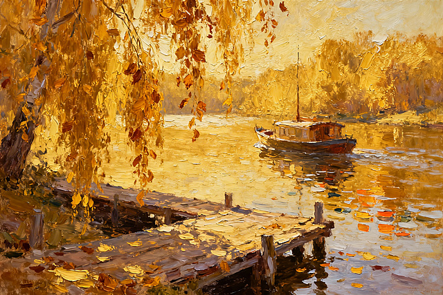 秋日渡口，渡船驶过金色河流，垂柳飘落琥珀色叶片，水面呈现碎色倒影，油画风格