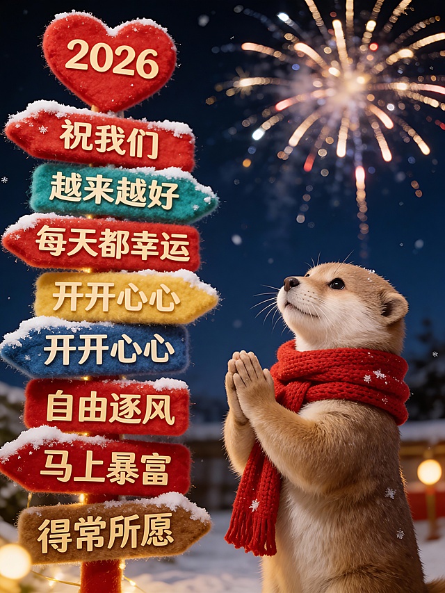 3D拟人风柴犬戴红围巾仰望烟花，毛发生长细节细腻，绒布质感路牌堆叠祝福语，暖光雪夜营造喜庆温馨梦幻氛围，传递2026新年祈愿。