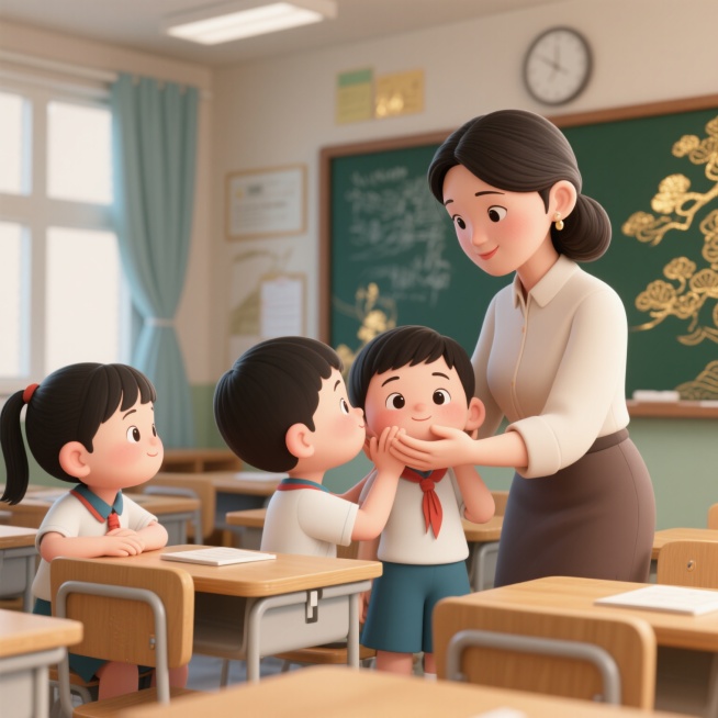 教室场景，一个亚洲女老师，双手捧起学生可爱的脸，在关心学生，周围是桌椅板凳，Blender，Cycles 渲染，3D，Q版，4K预览效果