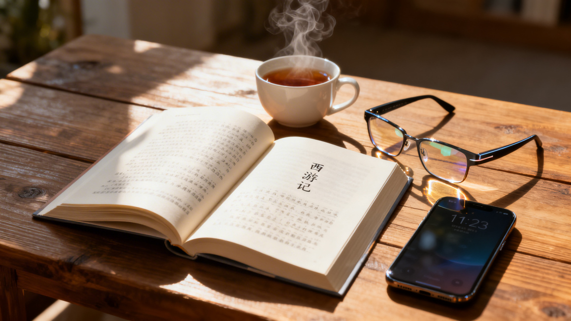 一本翻开的西游记，旁边放着一杯茶、一副现代眼镜和一部智能手机，温暖的阳光洒在书页上，舒适阅读角落氛围，静物摄影，写实风格预览效果