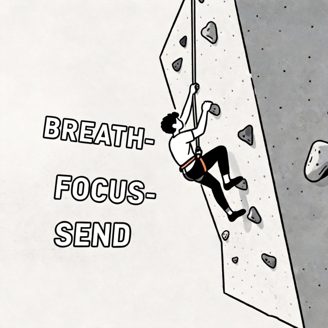 修改图片，在三个英文词语"BREATH","FOCUS","SEND"之间加入破折号连接，给攀岩小人身上添加一根顶绳保护绳，保留原有简笔画风格，只保留攀岩小人、岩壁和带破折号连接的文字预览效果