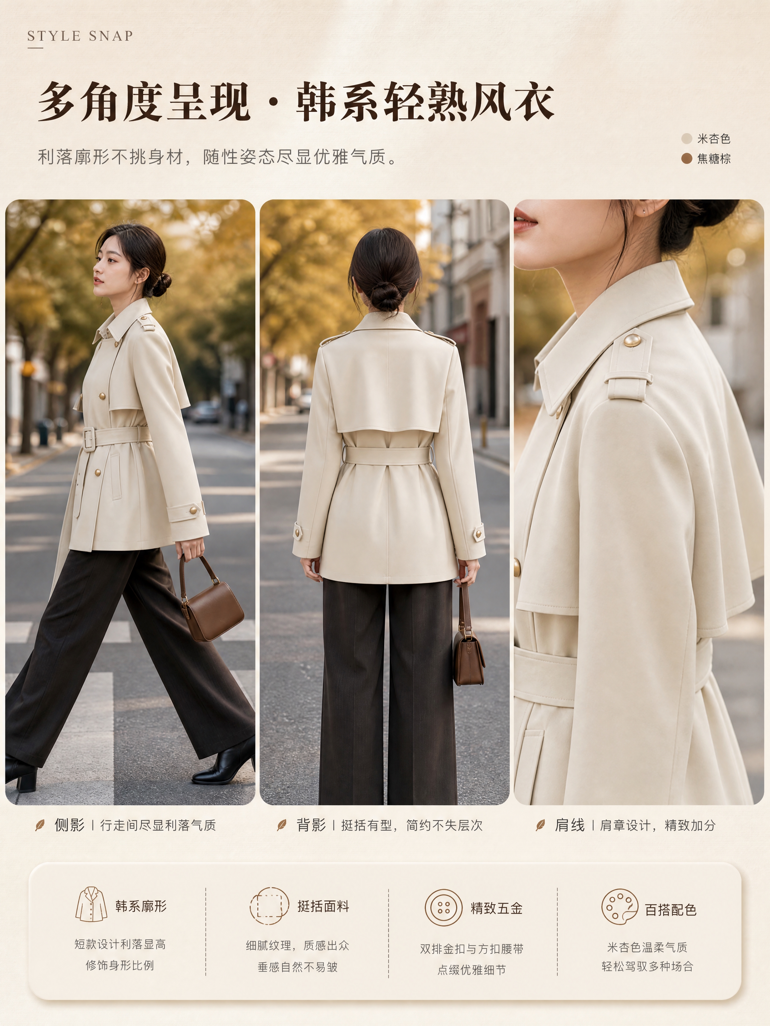 [商品] 使用【图1】米杏色韩系翻领双排扣短款风衣；商品处理：… - 图片创意预览
